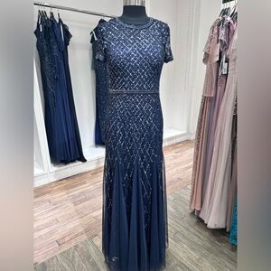 Adrianna Papell Navy Beaded Cap Sleeve Evening Gown